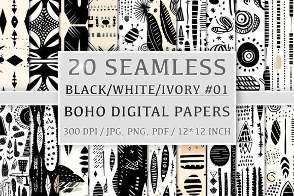Download 20 Seamless Black White Ivory Boho Set 1 - Black white ivory boho Collection