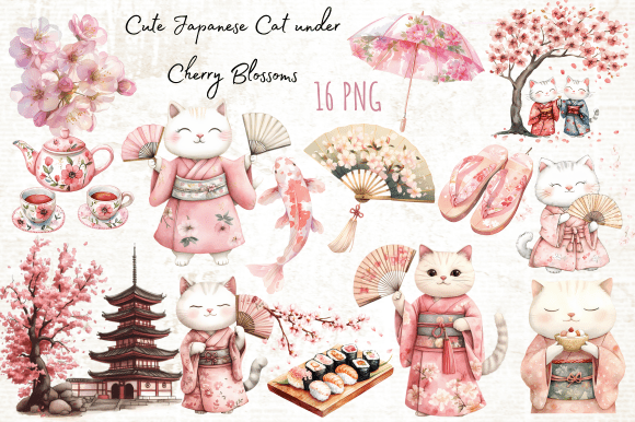 Download Cute Japanese Cat Under Cherry Blossoms - Cute Collection