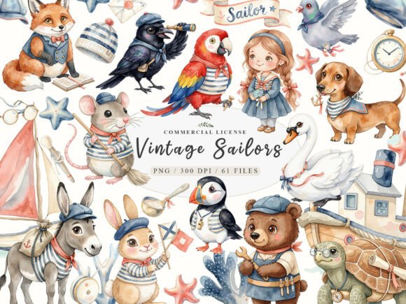 Download Watercolor Cute Vintage Sailor Animals - Cute Collection