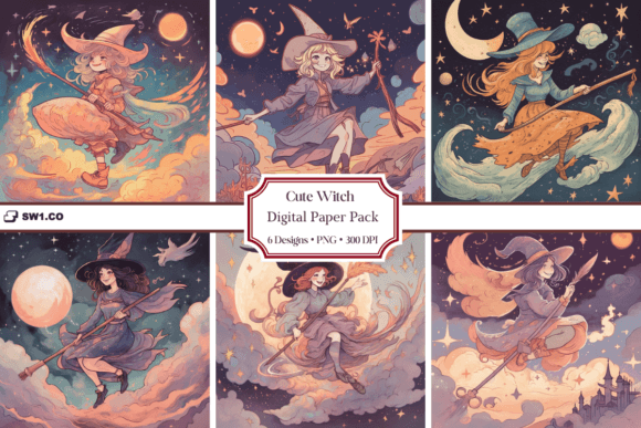 Download Cute Witch on Broomstick Backgrounds - Cute Collection